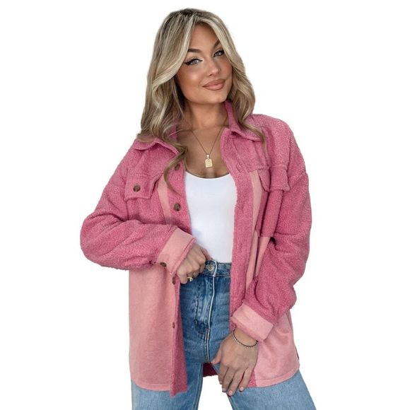 Azura Exchange  Pink Colorblock Buttoned Flap Pocket Sherpa Shacket - Picture 7 of 8